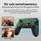 Black game controller with two analog sticks and glowing green RGB button accents