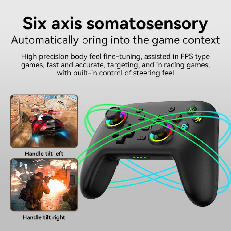 Black game controller with two analog sticks and glowing green RGB button accents