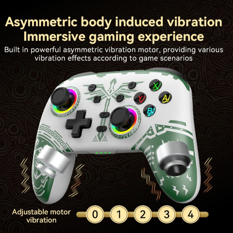 White game controller with green graphics, two thumbsticks, and colored face buttons