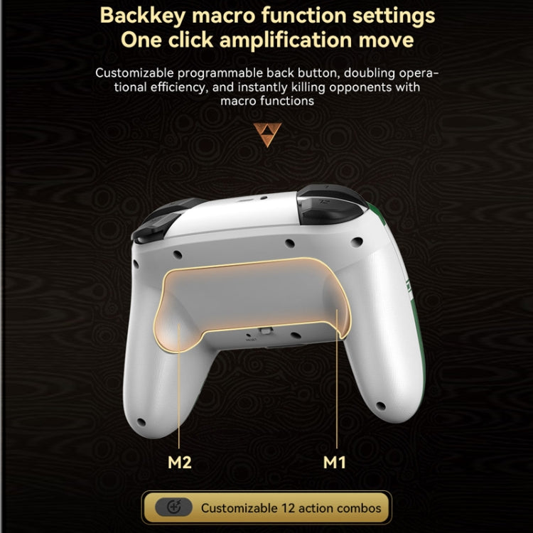 White game controller with rear paddles and textured grip, showing macro button area
