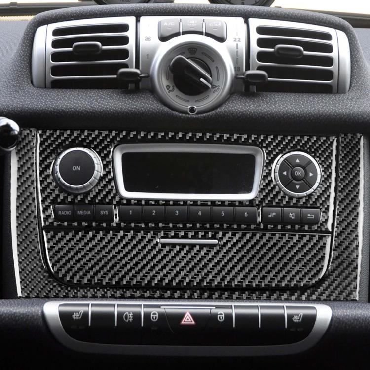 Carbon-fiber style CD panel sticker set with black finish for car dashboard controls