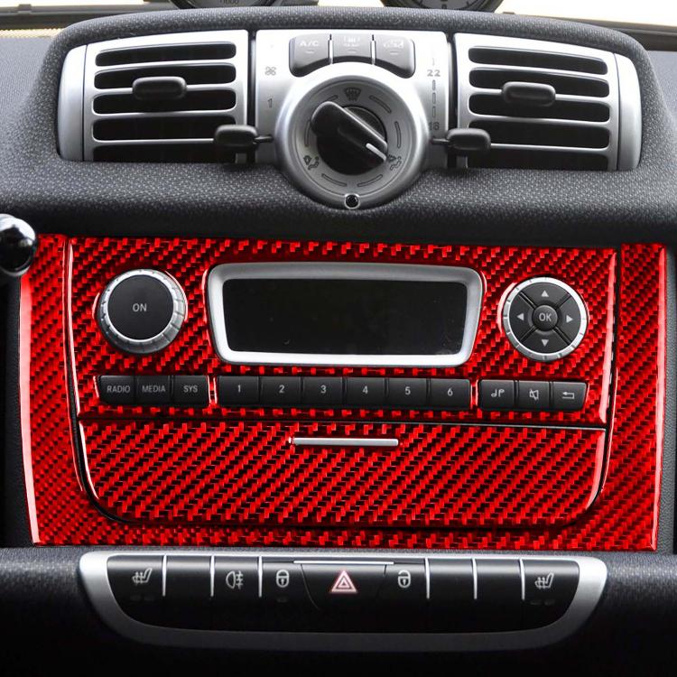 Carbon-fiber style CD panel sticker set with red finish for car dashboard controls