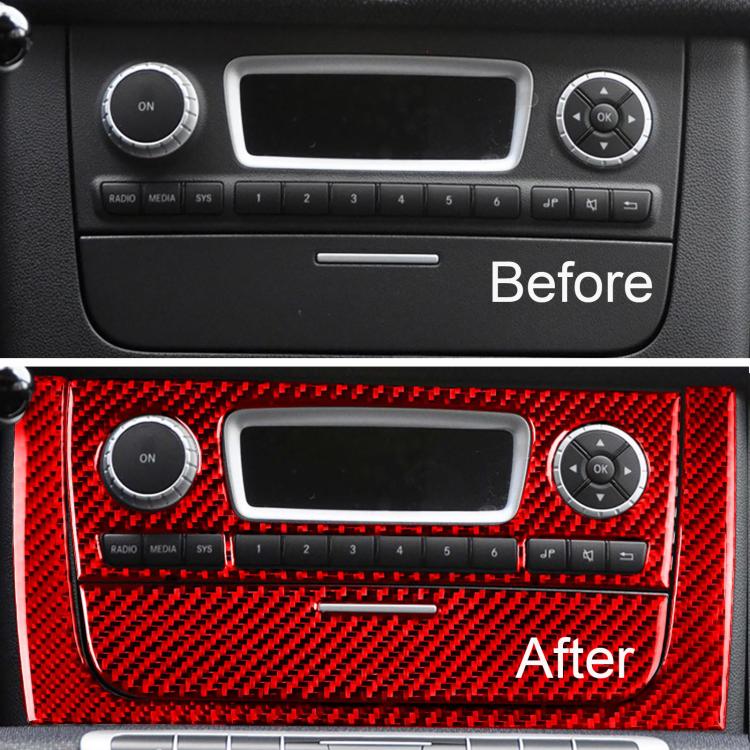 Red carbon-fiber style CD panel sticker set for center console radio and control buttons