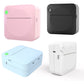 Pocket label printer set in pink, black, light blue, and white colors