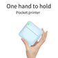 Blue pocket label printer held in one hand, compact portable size
