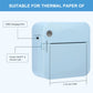 Blue pocket thermal printer showing USB charging port and label cutter