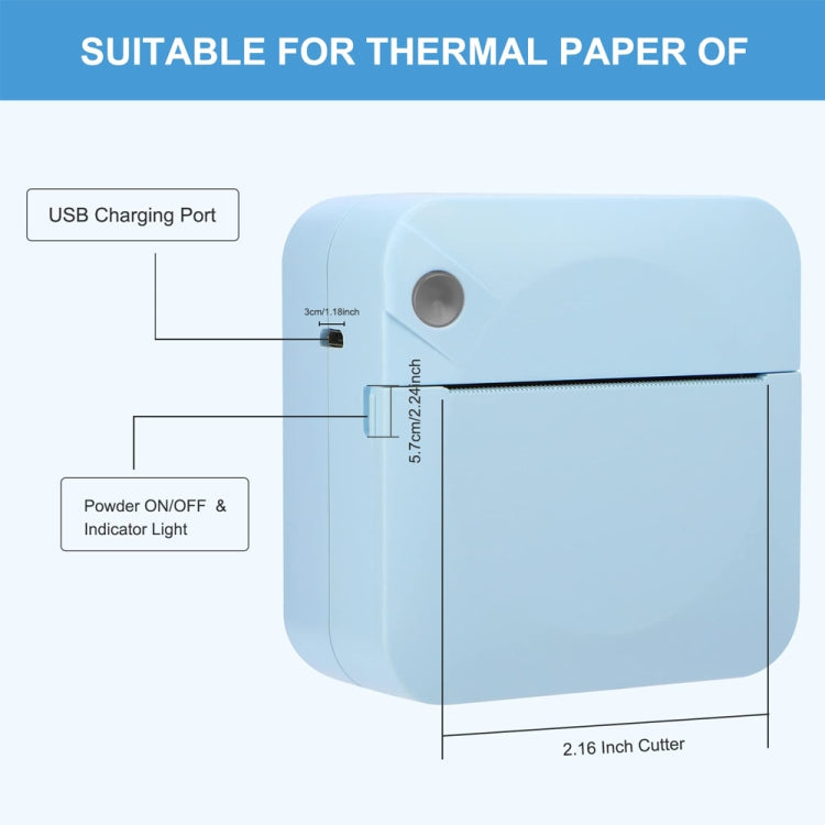Blue pocket thermal printer showing USB charging port and label cutter