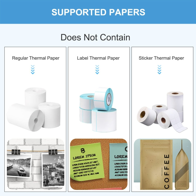 Thermal paper types illustrated with roll paper for pocket label printing