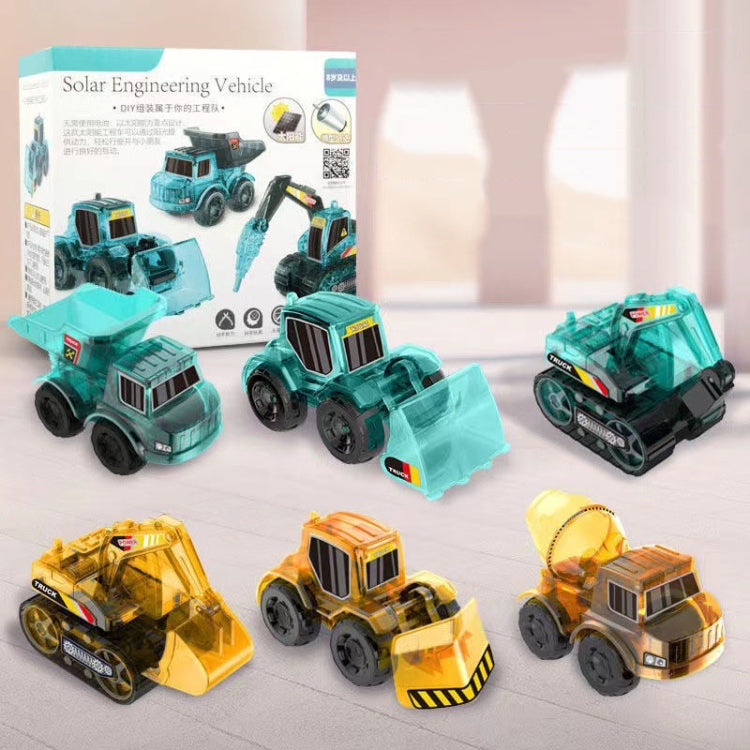 Set of solar engineering vehicle toy models in teal and yellow/orange with clear parts