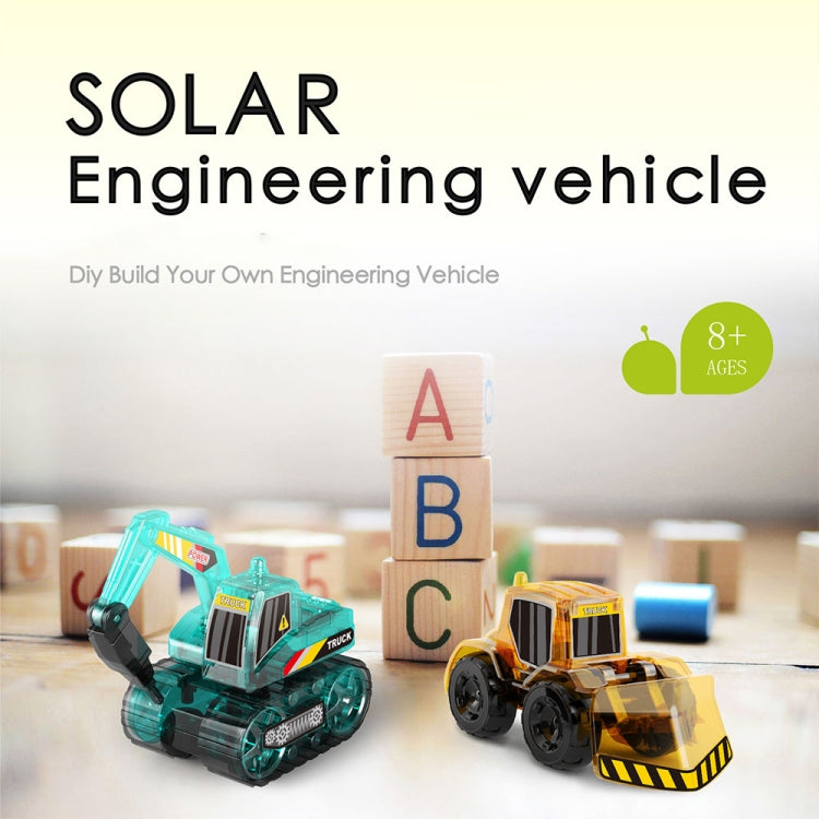 Solar engineering vehicle toy models: teal and yellow/orange with clear solar dome
