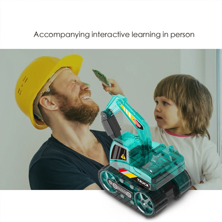 Teal solar engineering vehicle toy being used by a child and adult