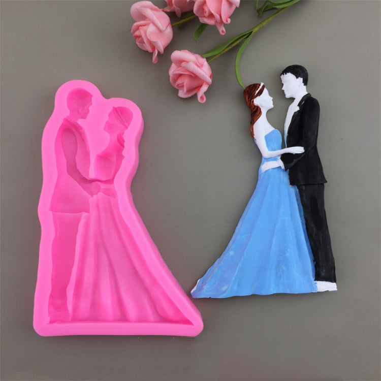 Bride and groom silicone mold with pink cavity, standing couple silhouette with flowers