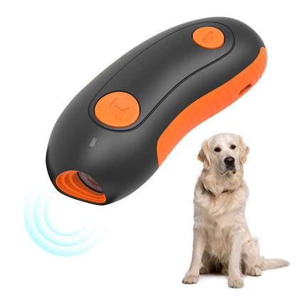 Handheld ultrasonic dog repeller with black body and orange buttons, emitting sound waves