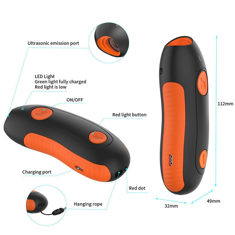 Handheld ultrasonic dog repeller with on/off switch, LED indicators, charging port, lanyard