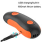 Ultrasonic dog repeller close-up showing USB charging port on orange-and-black device