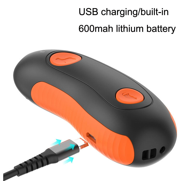 Ultrasonic dog repeller close-up showing USB charging port on orange-and-black device