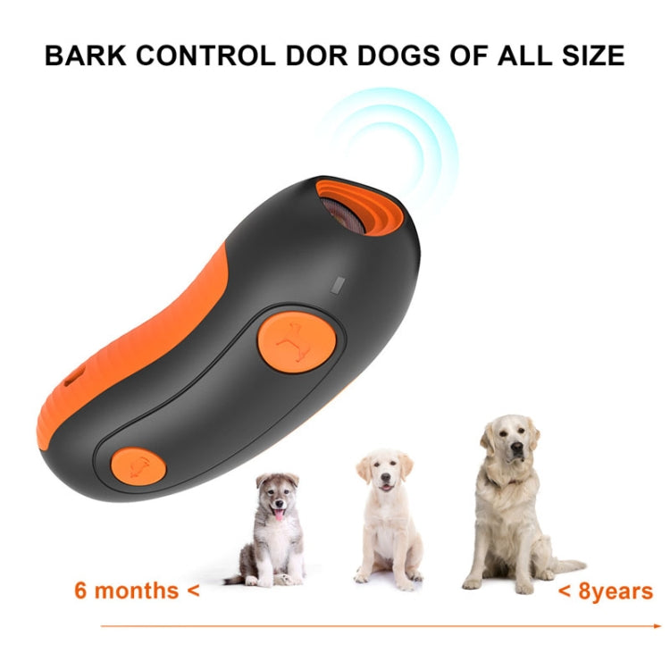 Ultrasonic dog repeller with orange side strip, speaker opening, and top power button