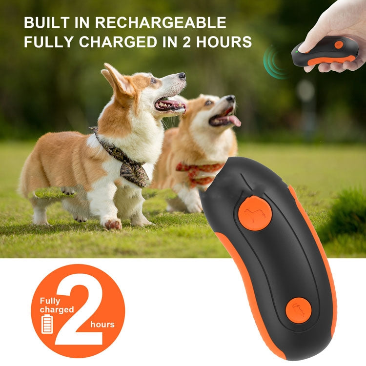 Orange-and-black handheld ultrasonic dog repeller with top and side power buttons