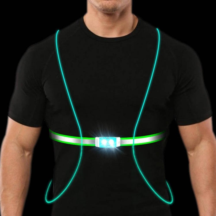 USB rechargeable running light chest strap with teal glowing LED lines