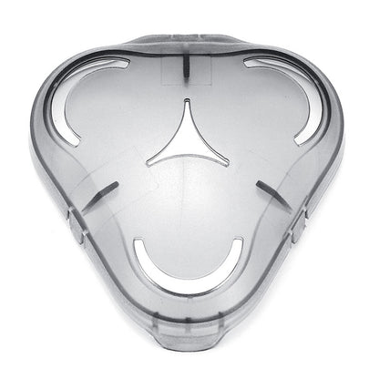 Silver shaver head protection cap cover with three curved cutouts and side clips