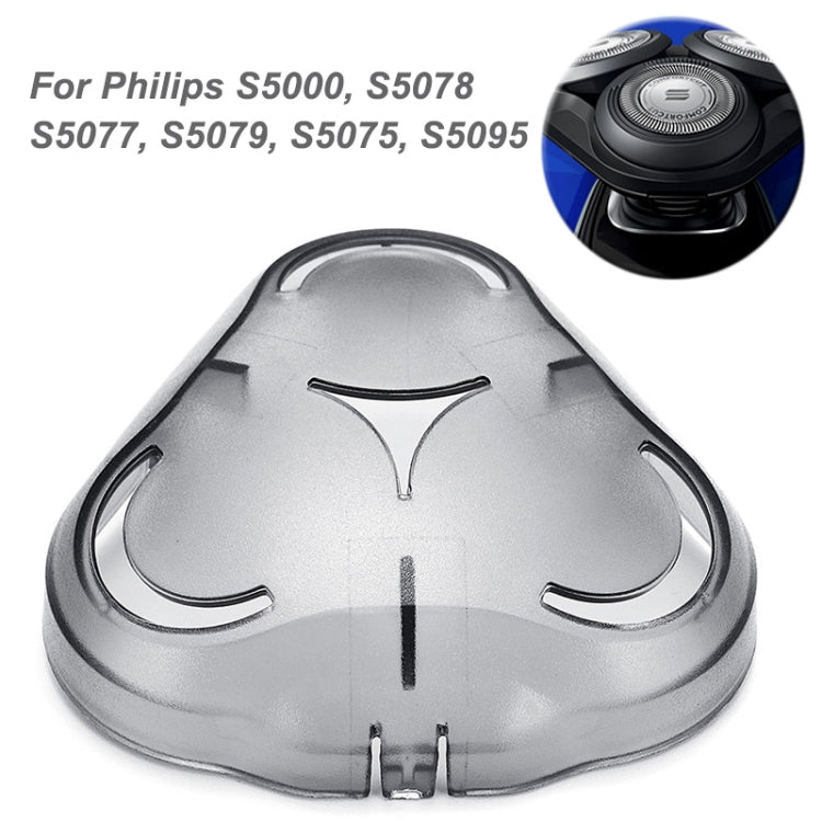 Shaver head protection cap cover with center notch and three hinged side tabs