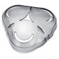 Silver shaver head protection cap cover with rounded three-lobed design and side hinges