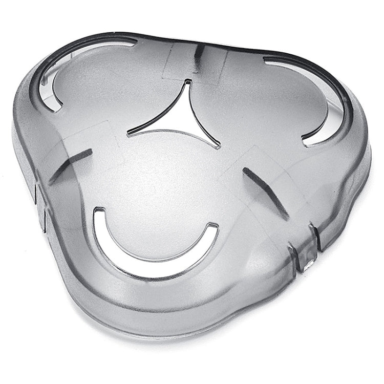 Silver shaver head protection cap cover with rounded three-lobed design and side hinges