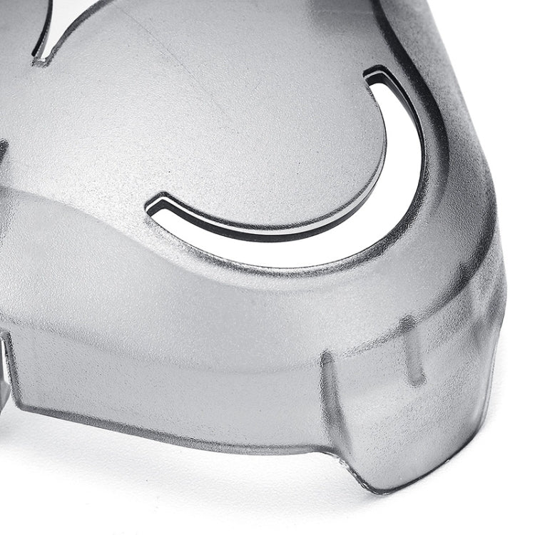 Close-up silver shaver head protection cap cover edge with curved cutout
