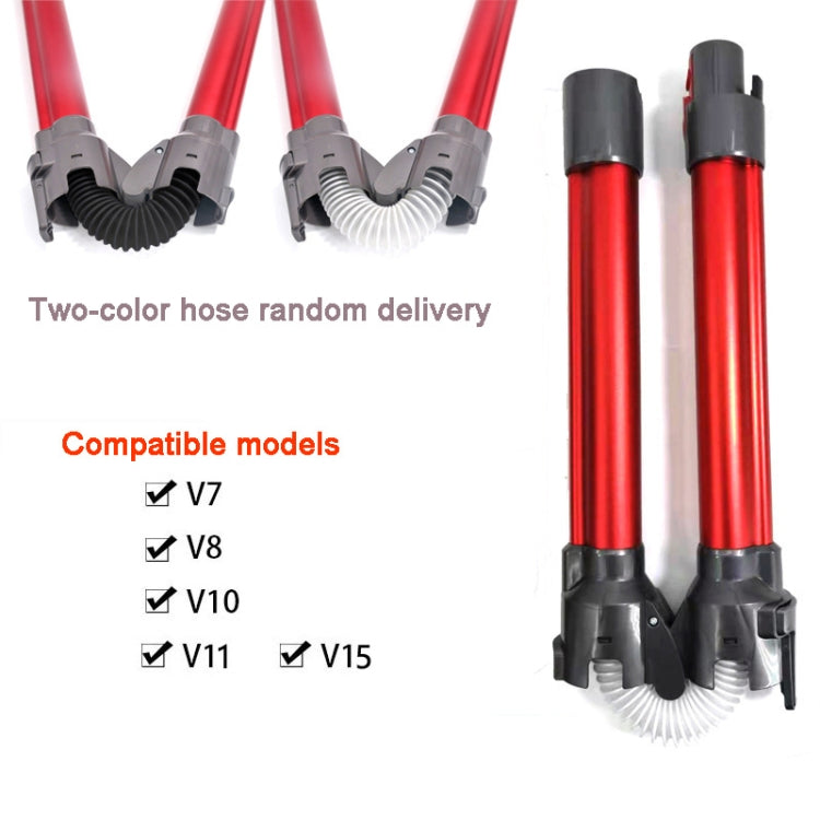 Pair of red foldable vacuum extension rods with grey end caps and flexible accordion