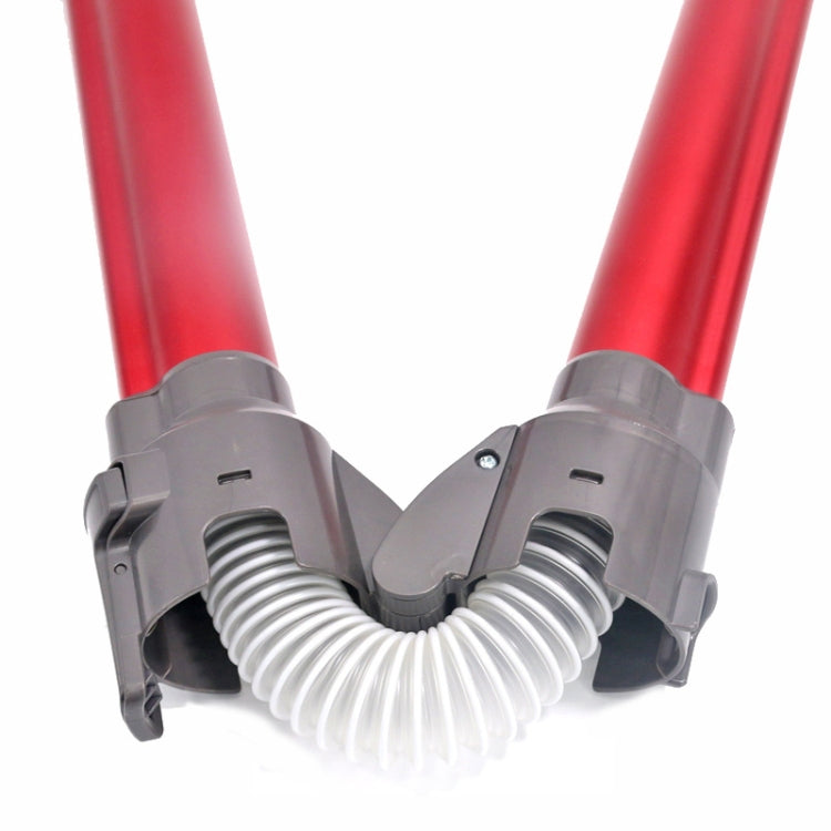 Grey accordion joint and end connectors connecting two red extension rods