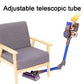 Red foldable extension pipe attached to vacuum, shown in use with furniture