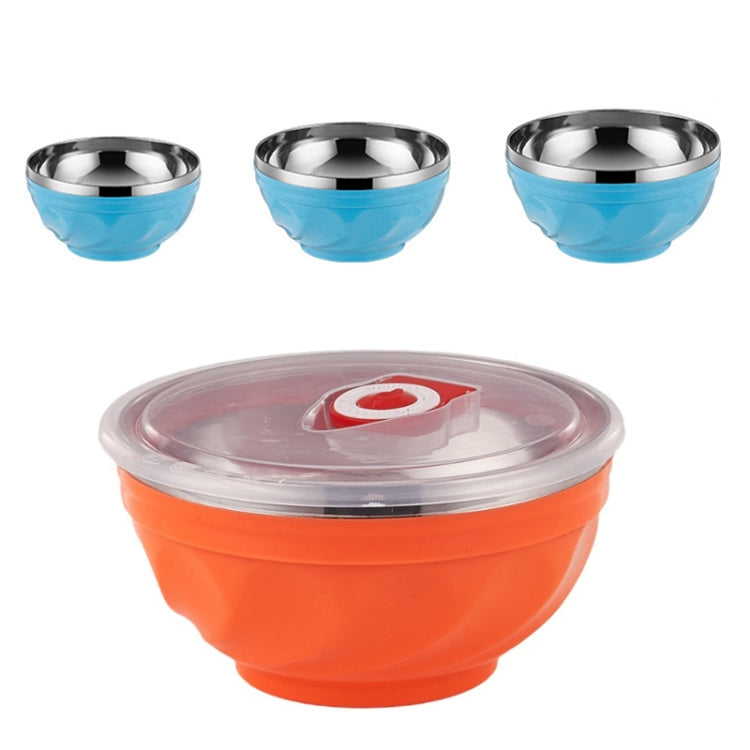 Orange double-layer stainless steel kids bowl with clear lid; three blue bowls shown