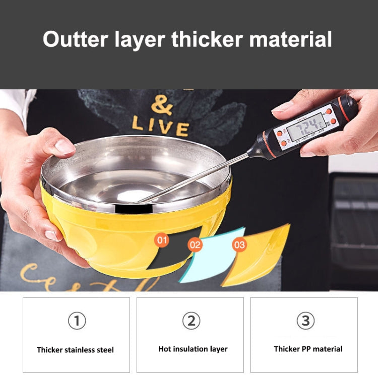 Yellow insulated stainless steel bowl with spoon; hands showing double-layer design