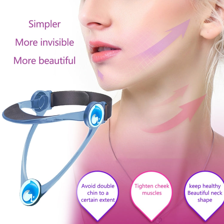 Blue adjustable neck brace on neck with padded collar and ring-shaped support clips.