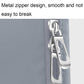 Metal zipper with smooth pull on a light blue travel storage bag