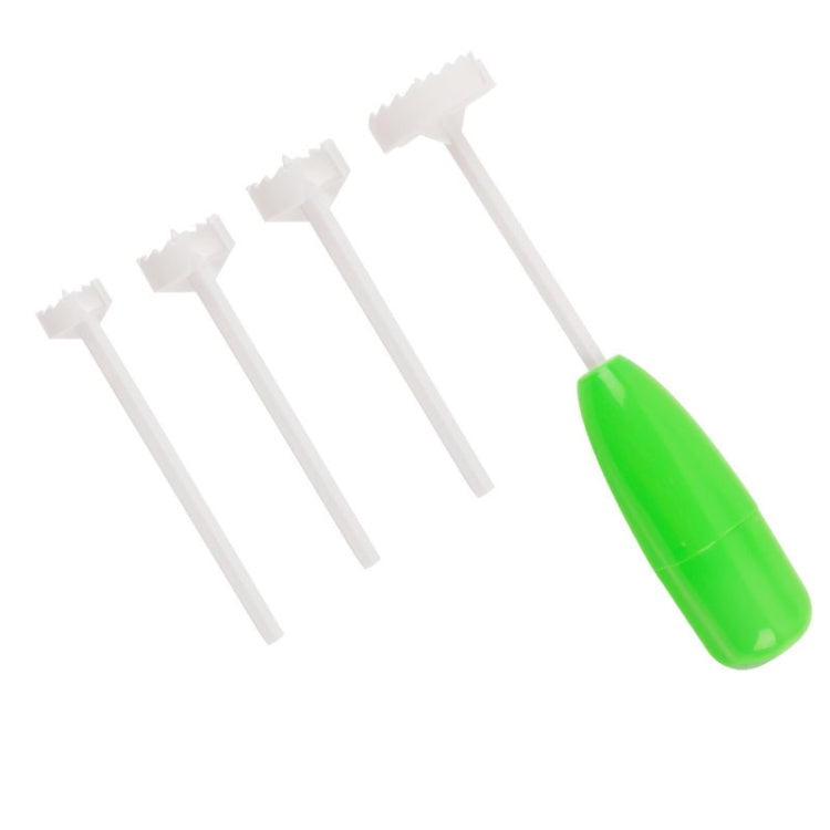 Green-handled vegetable core digger tool set with four white hollowing prongs