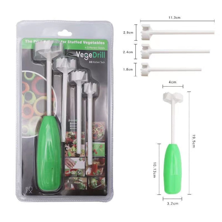 Veggie core digger kit in blister pack with green handle and four white prongs