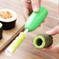 Hands using green core digger to hollow avocado, revealing green center