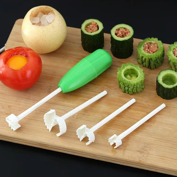 Vegetable core digger tool with green handle and white prongs for hollowing