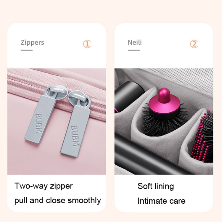 Hair tool storage bag details: two-way zipper pull and soft gray lining