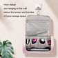 Pink hanging organizer bag with mesh pocket and multiple accessory compartments