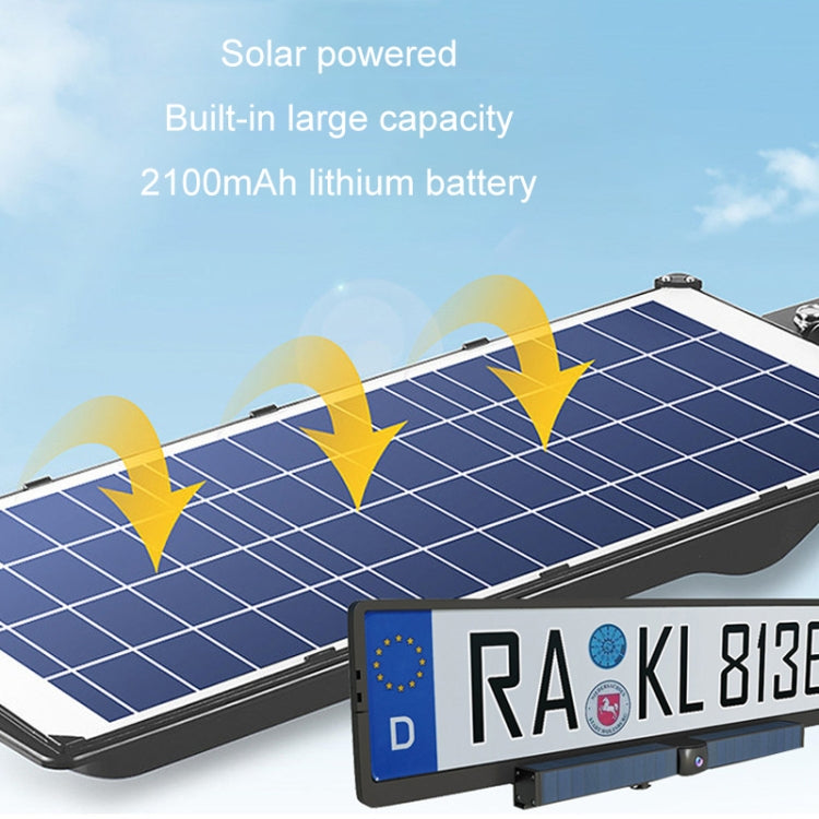 Solar-powered rear camera with large solar panel and license plate camera frame