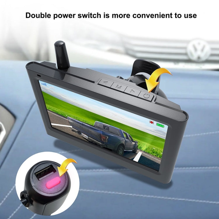 Rear view monitor with double power switch, showing live reverse camera scene