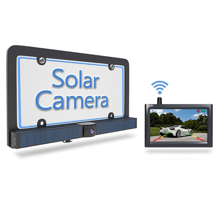Wireless license plate frame camera with built-in display monitor and solar panel