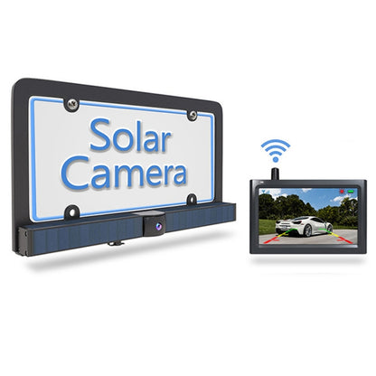 Wireless license plate frame camera with built-in display monitor and solar panel