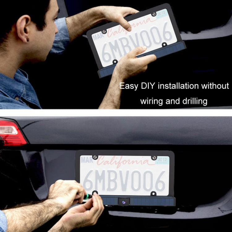 Wireless integrated license plate frame display camera, mounted on car rear.