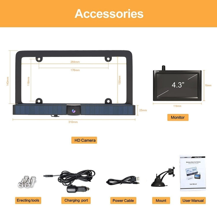 License plate frame camera kit with 4.3 in monitor, cables, mount, and manual