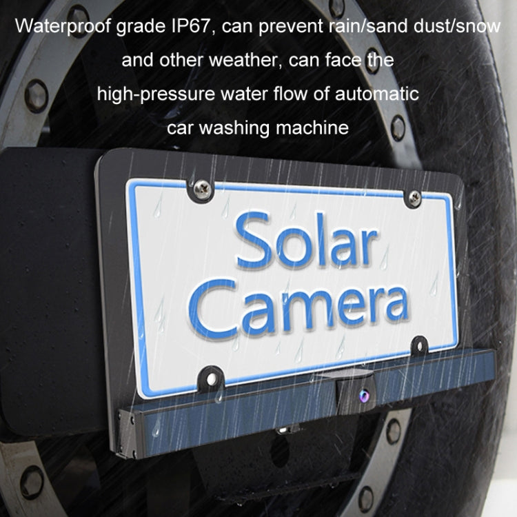 Solar license plate frame camera close-up with camera lens centered below