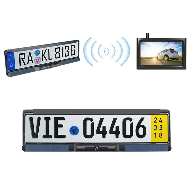 Wireless reversing camera license plate frame with wireless icon and small monitor