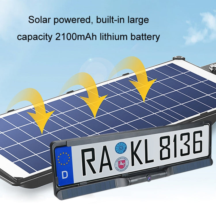 Solar powered license plate camera frame with built-in solar panel and number plate